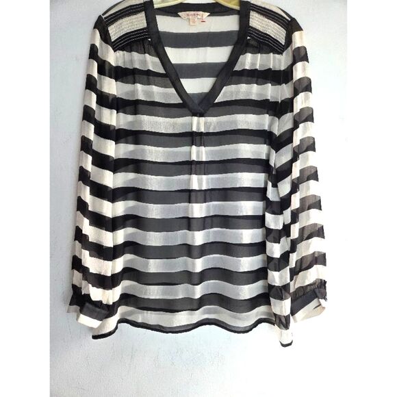 Brooks Brothers Beige Black Stripe V-Neck Semi Sheer 100% Silk Blouse size 10 - Picture 1 of 6